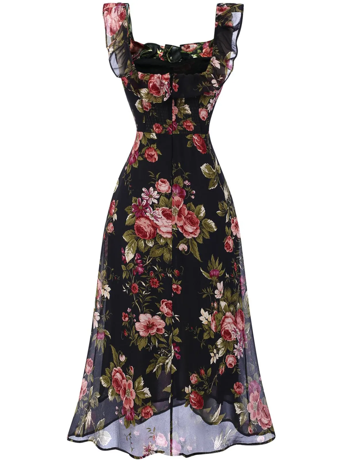Sale Retro Stage 1930s Square Neck Ruffled Floral Dress Black