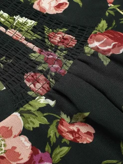 Sale Retro Stage 1930s Square Neck Ruffled Floral Dress Black