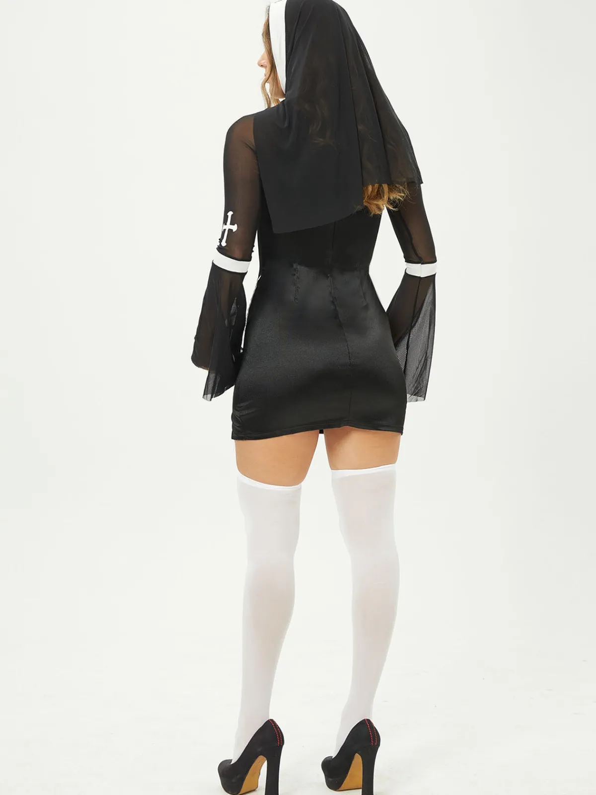 New Retro Stage 1960s Stand Collar Mesh Flare Sleeves Dress Black