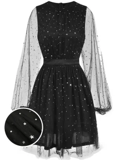 Best Retro Stage 1970s Star Sequins Lantern Sleeve Dress Black