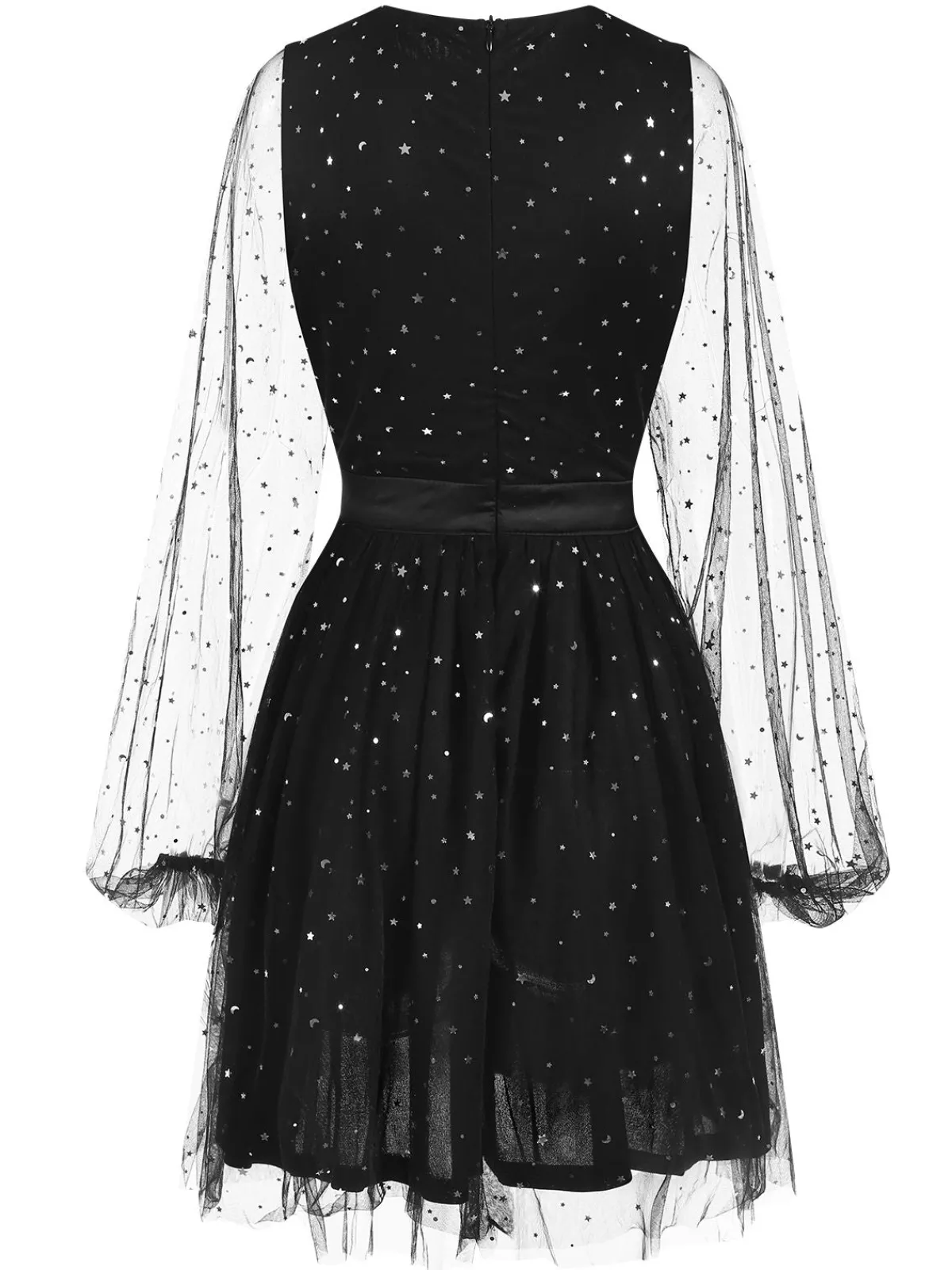 Best Retro Stage 1970s Star Sequins Lantern Sleeve Dress Black