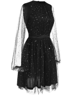 Best Retro Stage 1970s Star Sequins Lantern Sleeve Dress Black