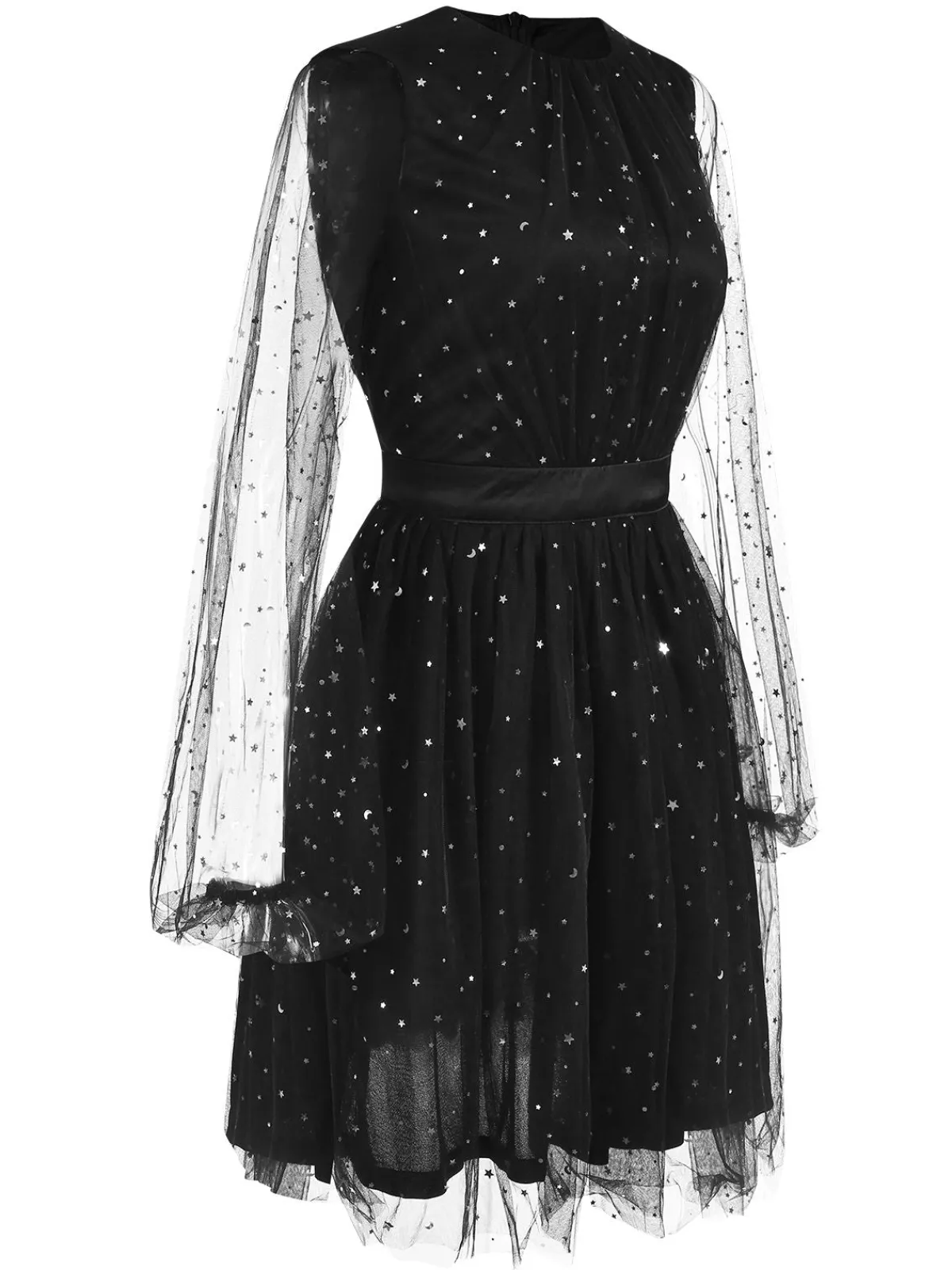 Best Retro Stage 1970s Star Sequins Lantern Sleeve Dress Black