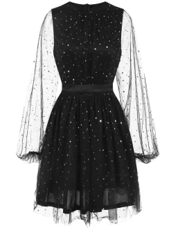 Best Retro Stage 1970s Star Sequins Lantern Sleeve Dress Black