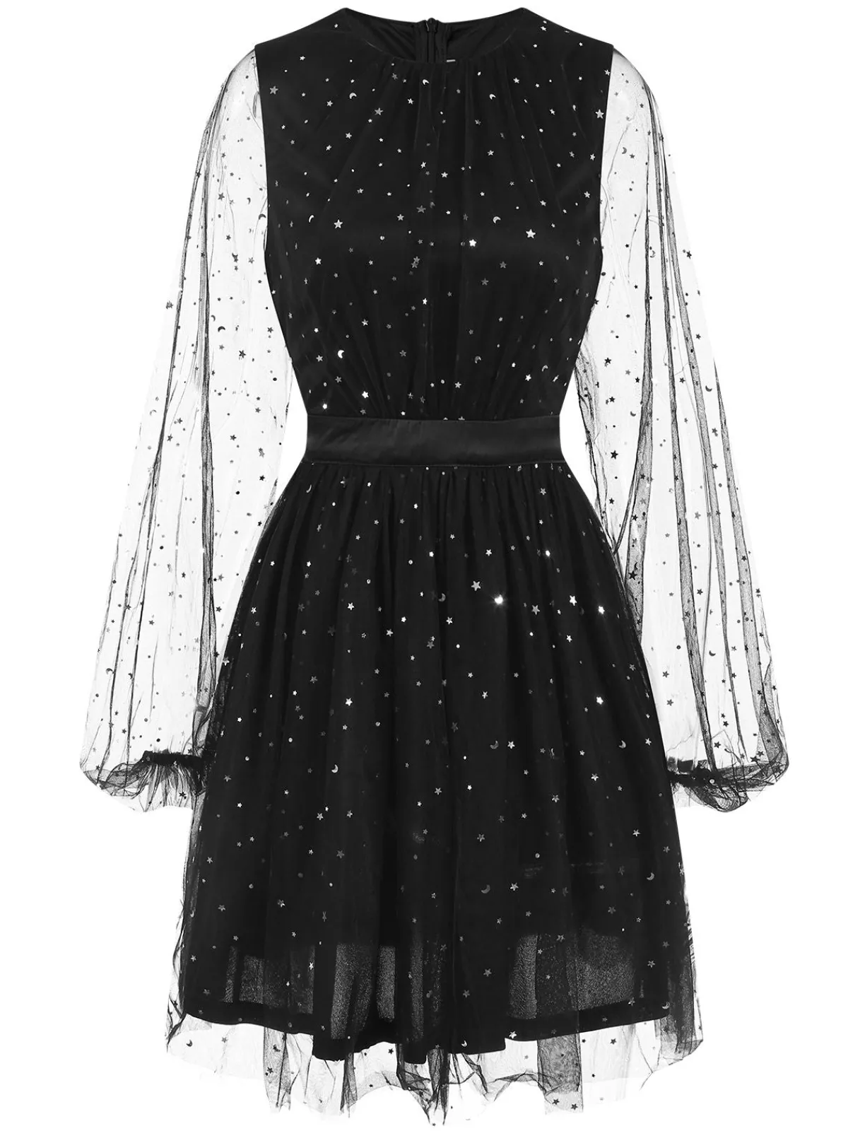 Best Retro Stage 1970s Star Sequins Lantern Sleeve Dress Black