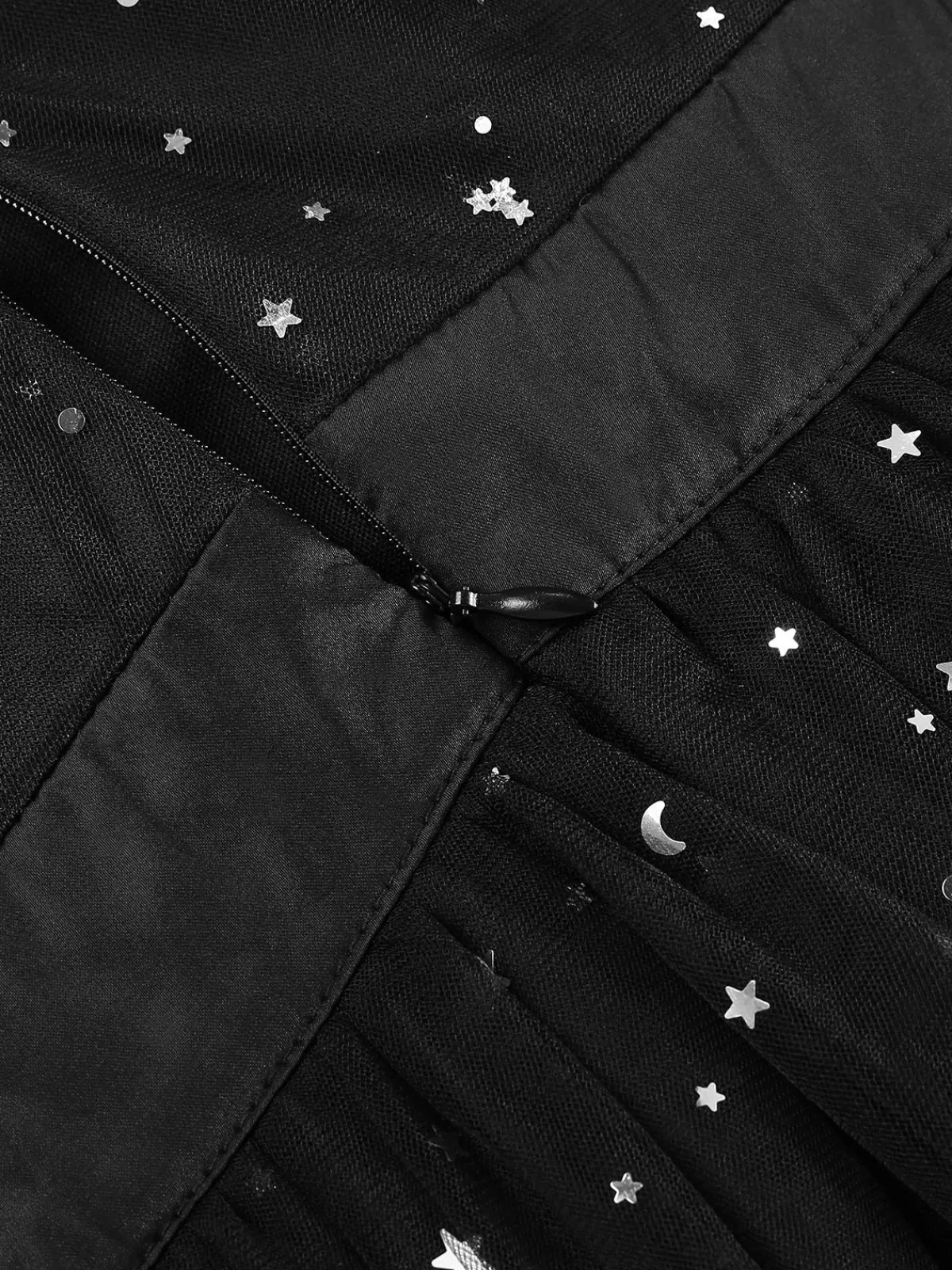 Best Retro Stage 1970s Star Sequins Lantern Sleeve Dress Black