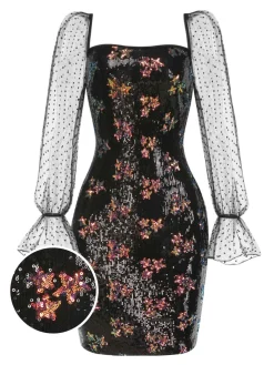 Best Retro Stage 1960s Stars Sequined Mesh Patchwork Dress Black