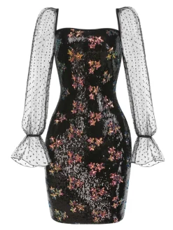 Best Retro Stage 1960s Stars Sequined Mesh Patchwork Dress Black