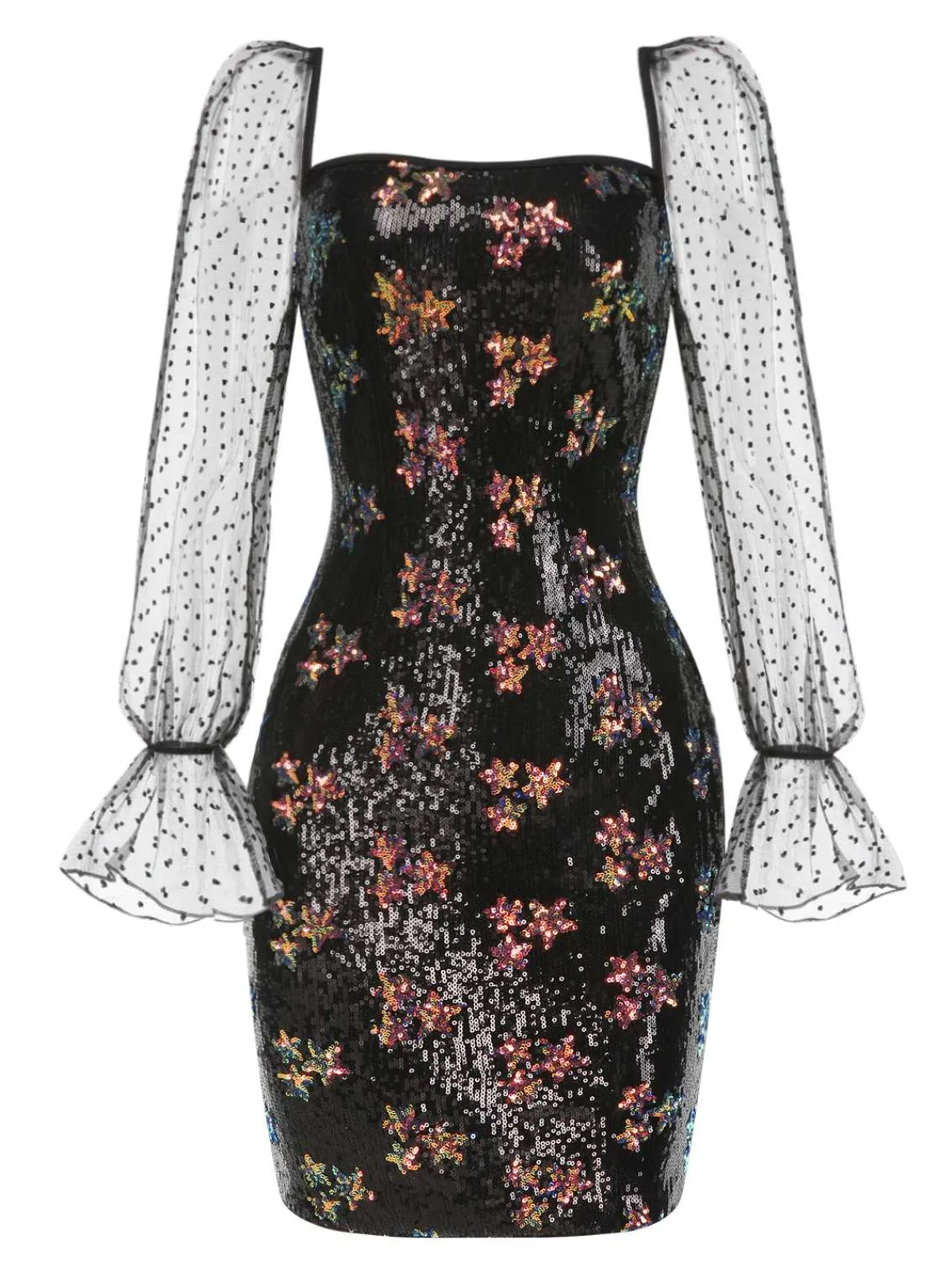 Best Retro Stage 1960s Stars Sequined Mesh Patchwork Dress Black