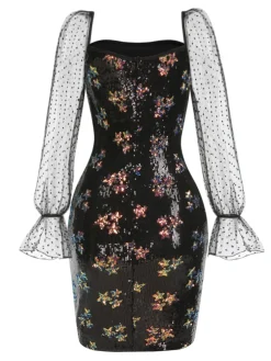 Best Retro Stage 1960s Stars Sequined Mesh Patchwork Dress Black