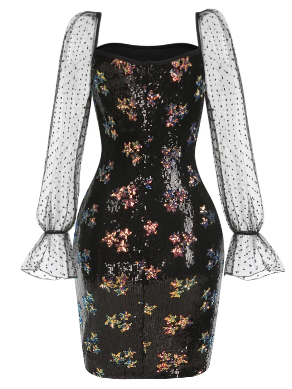 Best Retro Stage 1960s Stars Sequined Mesh Patchwork Dress Black