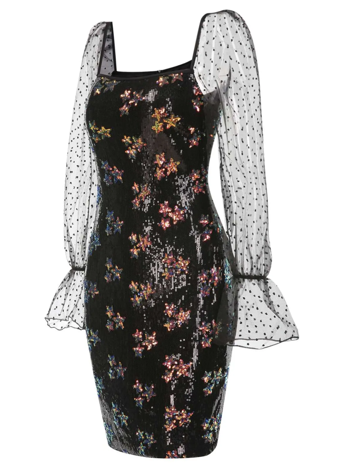 Best Retro Stage 1960s Stars Sequined Mesh Patchwork Dress Black