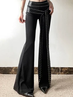 Online Retro Stage 1980s Steampunk Bootcut Rivet Pants Black