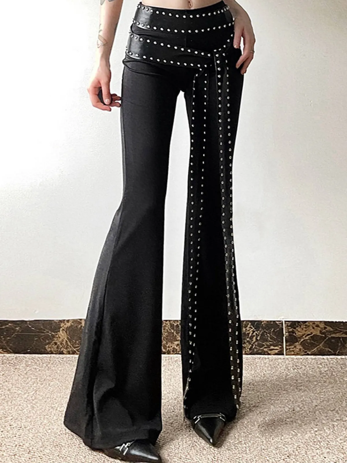 Online Retro Stage 1980s Steampunk Bootcut Rivet Pants Black