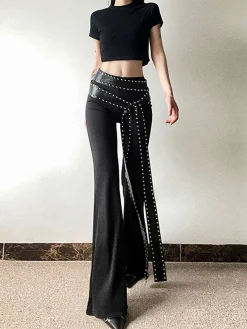 Online Retro Stage 1980s Steampunk Bootcut Rivet Pants Black
