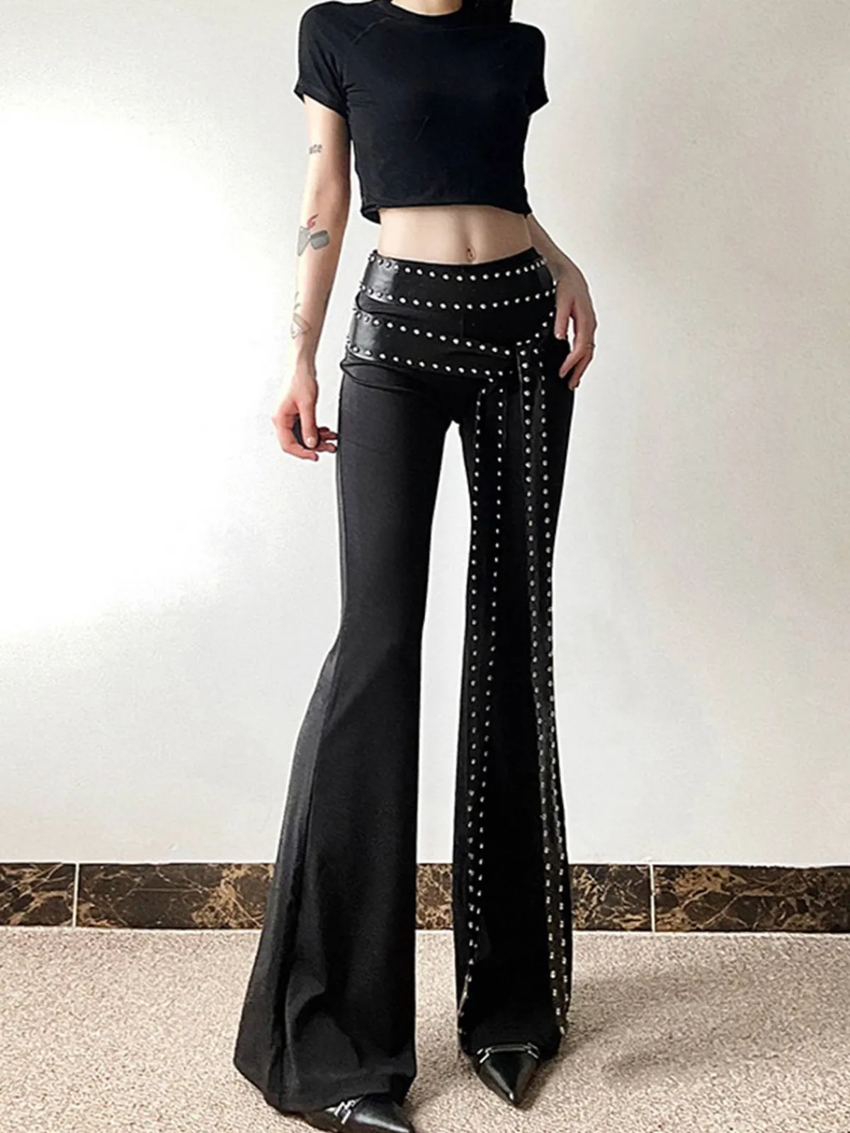 Online Retro Stage 1980s Steampunk Bootcut Rivet Pants Black
