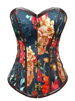 Hot Retro Stage 1980s Steampunk Floral Skull Bandeau Corset Black