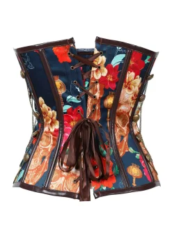 Hot Retro Stage 1980s Steampunk Floral Skull Bandeau Corset Black