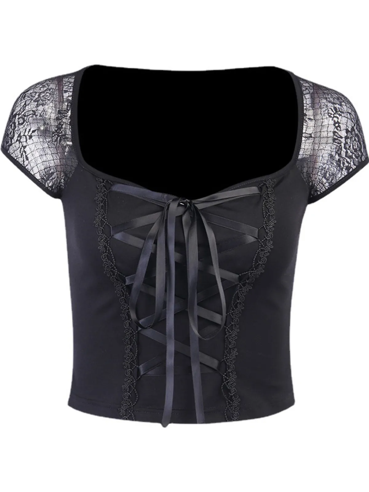 Sale Retro Stage 1970s Steampunk Gothic Lace Tie-Front Top Black