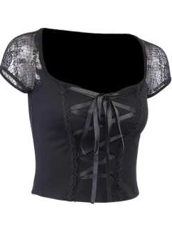 Sale Retro Stage 1970s Steampunk Gothic Lace Tie-Front Top Black