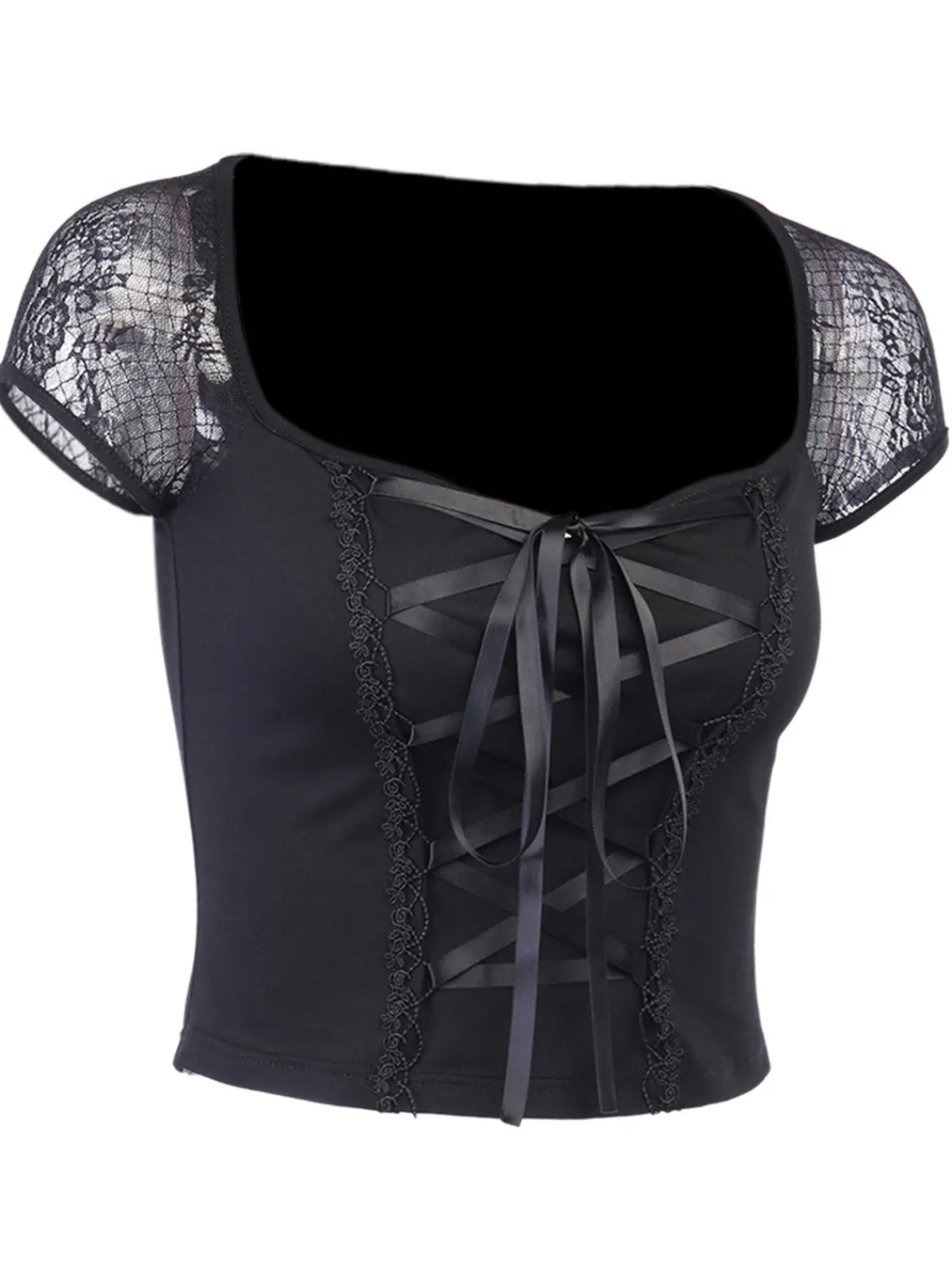 Sale Retro Stage 1970s Steampunk Gothic Lace Tie-Front Top Black