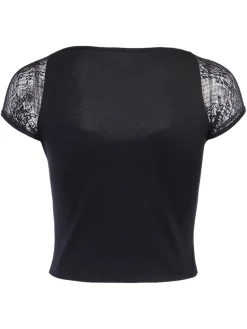 Sale Retro Stage 1970s Steampunk Gothic Lace Tie-Front Top Black