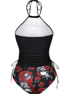 Online Retro Stage 1980s Steampunk Halter Skeleton Rose Swimsuit Black