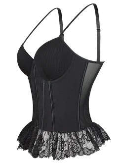 Sale Retro Stage 1970s Steampunk Lace Patchwork Strap Corset Black