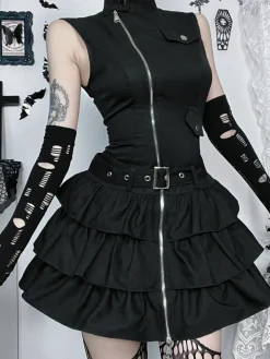 Outlet Retro Stage 1980s Steampunk Solid Zipper Belted Dress Black
