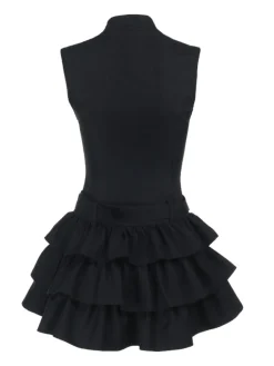 Outlet Retro Stage 1980s Steampunk Solid Zipper Belted Dress Black