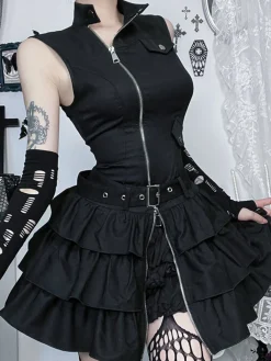 Outlet Retro Stage 1980s Steampunk Solid Zipper Belted Dress Black