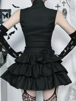 Outlet Retro Stage 1980s Steampunk Solid Zipper Belted Dress Black
