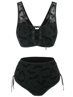 Sale Retro Stage 1980s Strap Bat Mesh Gothic Bikini Set Black