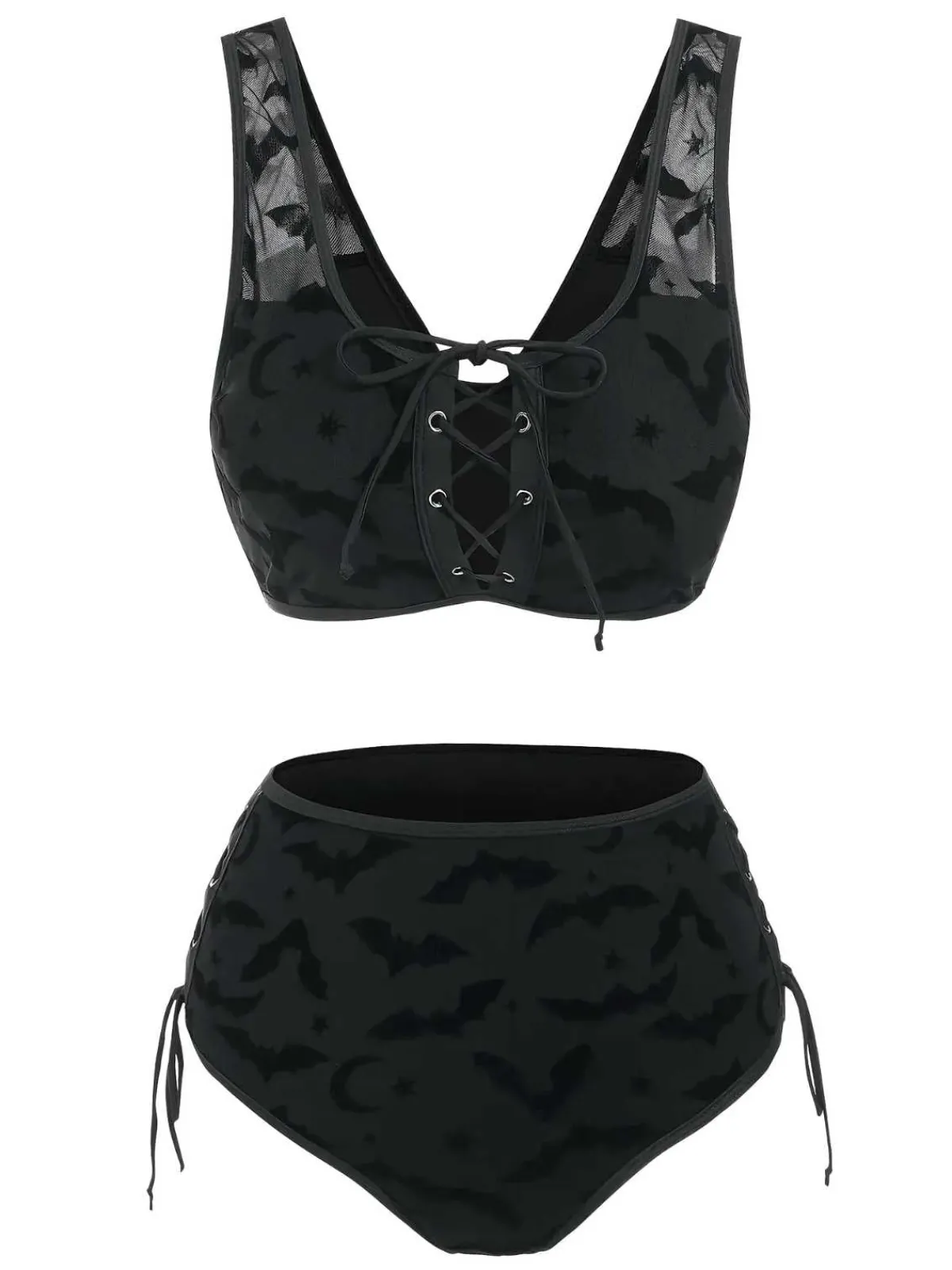 Sale Retro Stage 1980s Strap Bat Mesh Gothic Bikini Set Black