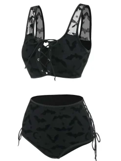 Sale Retro Stage 1980s Strap Bat Mesh Gothic Bikini Set Black