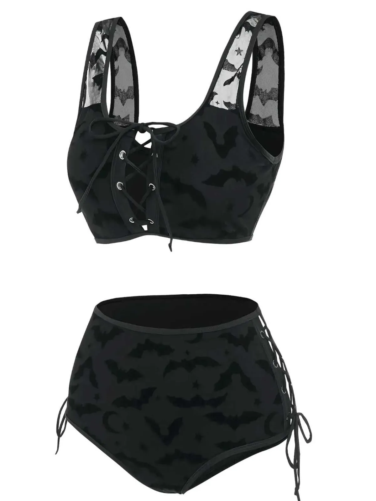 Sale Retro Stage 1980s Strap Bat Mesh Gothic Bikini Set Black