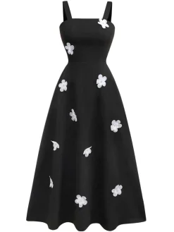 Best Retro Stage 1950s Strap 3D Daisy Solid Dress Black