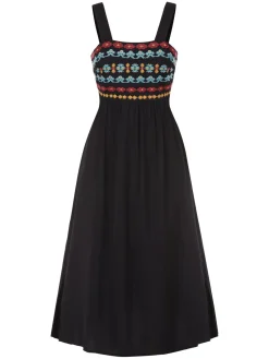 Best Retro Stage 1940s Strap Embroidered Floral Maxi Dress Black