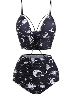 Clearance Retro Stage 1980s Strap Galaxy Print Gothic Bikini Set Black