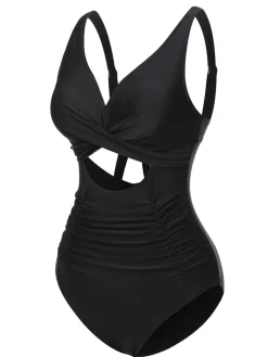 Fashion Retro Stage 1950s Strap Hollow One-Piece Swimsuit Black