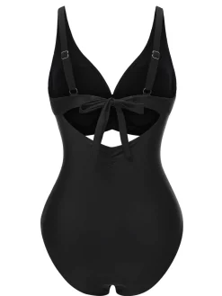 Fashion Retro Stage 1950s Strap Hollow One-Piece Swimsuit Black
