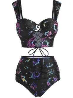 Discount Retro Stage 1980s Strap Neon Nebula Print Gothic Bikini Black