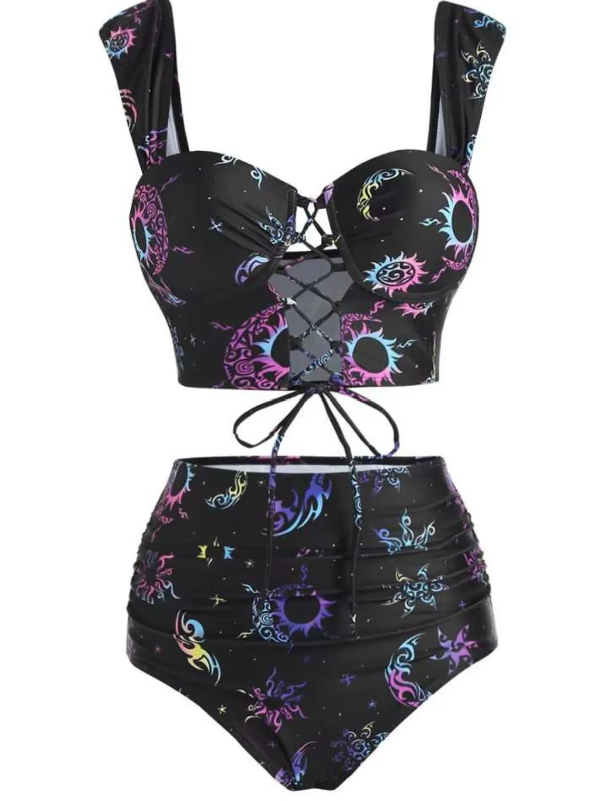 Discount Retro Stage 1980s Strap Neon Nebula Print Gothic Bikini Black