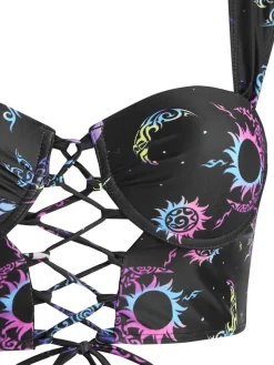 Discount Retro Stage 1980s Strap Neon Nebula Print Gothic Bikini Black