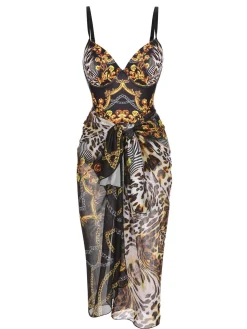 Online Retro Stage Black 1970s Strap Print One-Piece Swimsuit & Cover-Up Blue