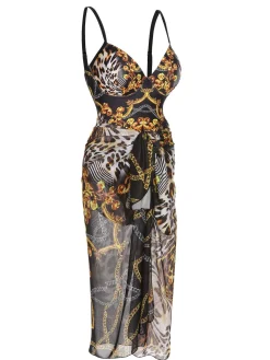 Online Retro Stage Black 1970s Strap Print One-Piece Swimsuit & Cover-Up Blue