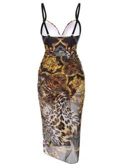 Online Retro Stage Black 1970s Strap Print One-Piece Swimsuit & Cover-Up Blue