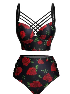 New Retro Stage 1980s Strap Roses Gothic Bikini Set Black