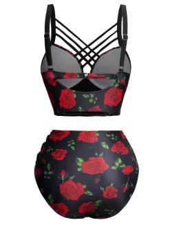New Retro Stage 1980s Strap Roses Gothic Bikini Set Black