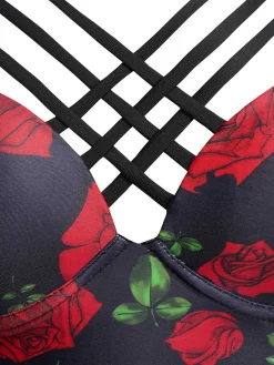 New Retro Stage 1980s Strap Roses Gothic Bikini Set Black